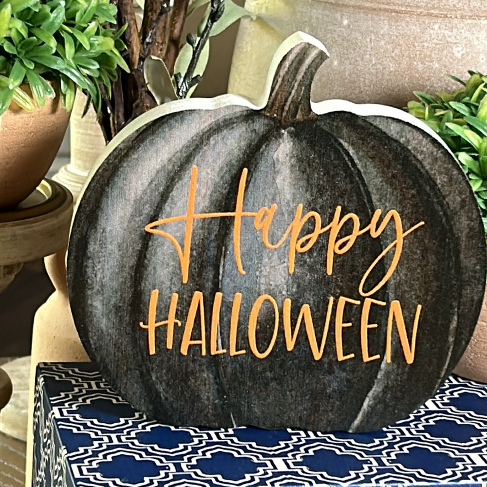 NEW! Spooky Cute! Happy Halloween Black Wood Pumpkin Sign